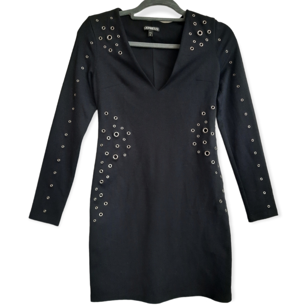 Express Black Silver Grommet Ponte Mini Bodycon Dress XS